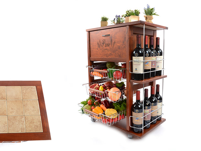 Carrello Porta Frutta e Verdura con portapane 56,5x37,3 h 82,2 in Legno, portavino carrello da cucina con ripiano multiuso 100% Made in Italy. (Ciliegio)