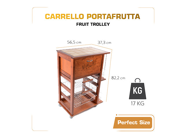 Carrello Porta Frutta e Verdura con portapane 56,5x37,3 h 82,2 in Legno, portavino carrello da cucina con ripiano multiuso 100% Made in Italy. (Ciliegio)