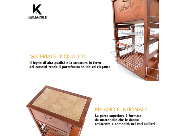 Carrello Porta Frutta e Verdura con portapane 56,5x37,3 h 82,2 in Legno, portavino carrello da cucina con ripiano multiuso 100% Made in Italy. (Ciliegio)