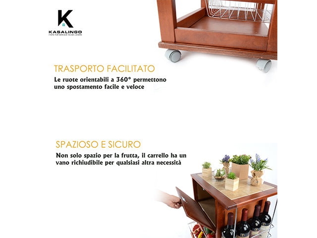 Carrello Porta Frutta e Verdura con portapane 56,5x37,3 h 82,2 in Legno, portavino carrello da cucina con ripiano multiuso 100% Made in Italy. (Ciliegio)
