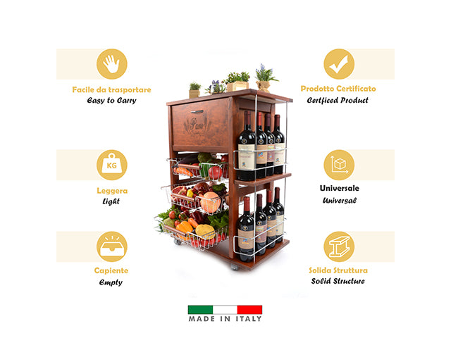 Carrello Porta Frutta e Verdura con portapane 56,5x37,3 h 82,2 in Legno, portavino carrello da cucina con ripiano multiuso 100% Made in Italy. (Ciliegio)