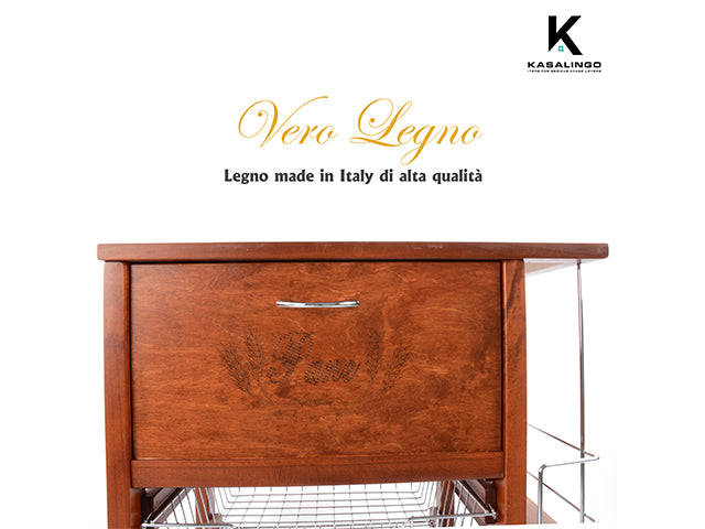 Carrello Porta Frutta e Verdura con portapane 56,5x37,3 h 82,2 in Legno, portavino carrello da cucina con ripiano multiuso 100% Made in Italy. (Ciliegio)