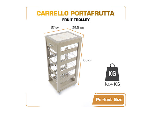 Carrello Porta Frutta e Verdura con cassetto portapane 29,5x37 h 83 in Legno, carrello da cucina con ripiano multiuso 100% Made in Italy. (Tortora)