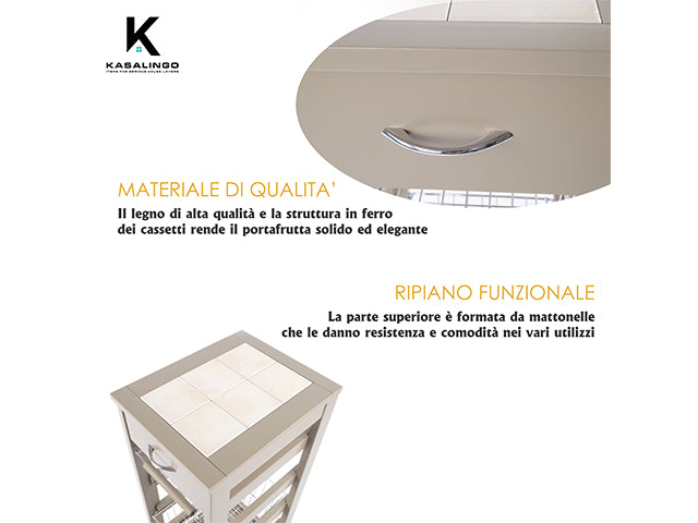 Carrello Porta Frutta e Verdura con cassetto portapane 29,5x37 h 83 in Legno, carrello da cucina con ripiano multiuso 100% Made in Italy. (Tortora)