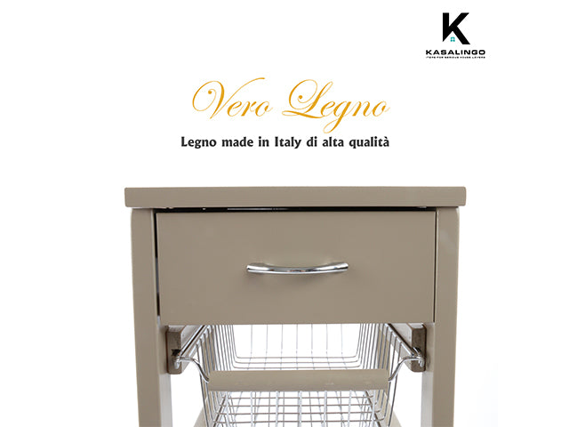 Carrello Porta Frutta e Verdura con cassetto portapane 29,5x37 h 83 in Legno, carrello da cucina con ripiano multiuso 100% Made in Italy. (Tortora)