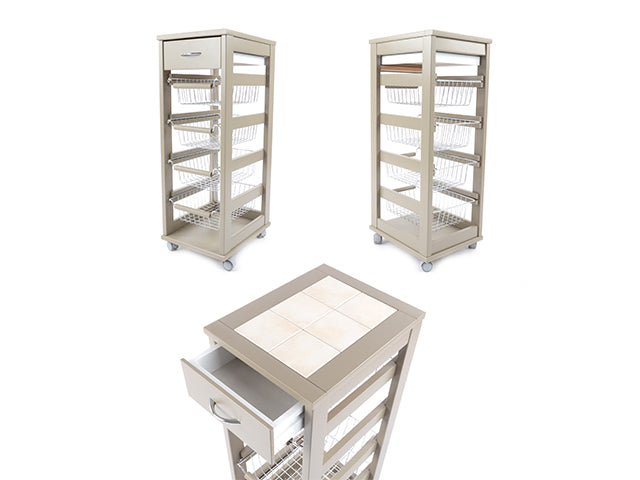 Carrello Porta Frutta e Verdura con cassetto portapane 29,5x37 h 83 in Legno, carrello da cucina con ripiano multiuso 100% Made in Italy. (Tortora)