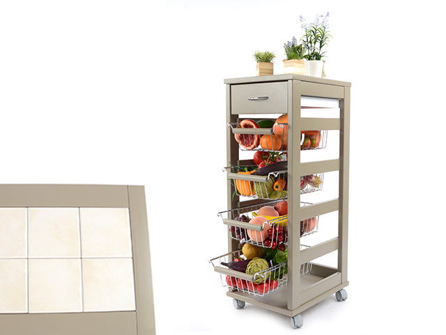 Carrello Porta Frutta e Verdura con cassetto portapane 29,5x37 h 83 in Legno, carrello da cucina con ripiano multiuso 100% Made in Italy. (Tortora)