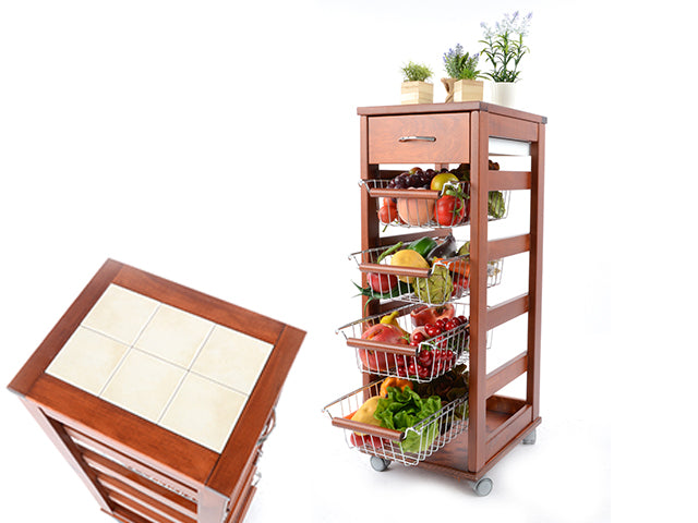 Carrello Porta Frutta e Verdura con cassetto portapane 29,5x37 h 83 in Legno, carrello da cucina con ripiano multiuso 100% Made in Italy. (Ciliegio)