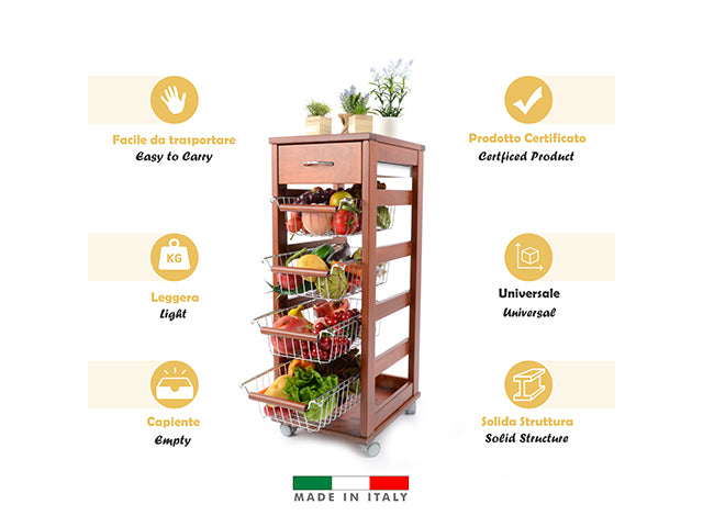 Carrello Porta Frutta e Verdura con cassetto portapane 29,5x37 h 83 in Legno, carrello da cucina con ripiano multiuso 100% Made in Italy. (Ciliegio)