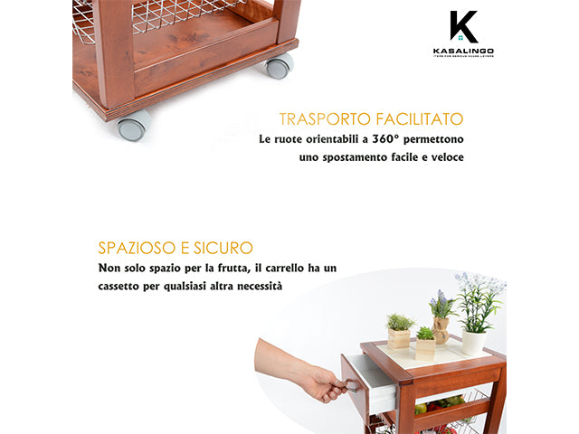 Carrello Porta Frutta e Verdura con cassetto portapane 29,5x37 h 83 in Legno, carrello da cucina con ripiano multiuso 100% Made in Italy. (Ciliegio)