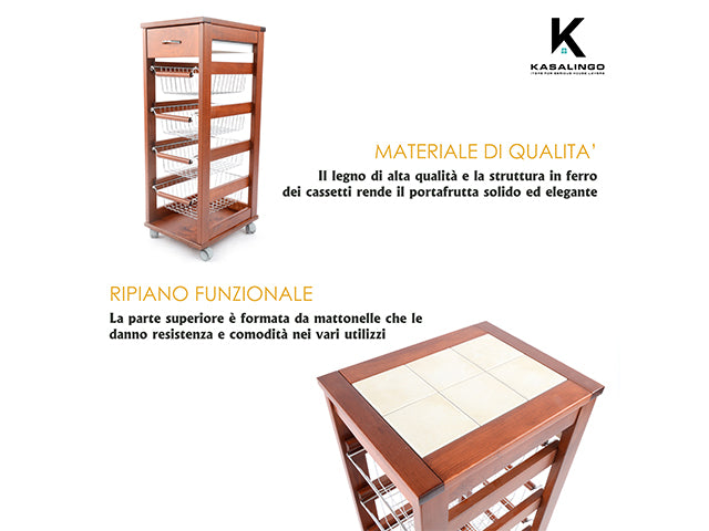 Carrello Porta Frutta e Verdura con cassetto portapane 29,5x37 h 83 in Legno, carrello da cucina con ripiano multiuso 100% Made in Italy. (Ciliegio)