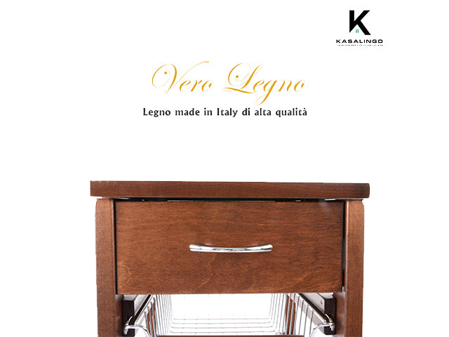Carrello Porta Frutta e Verdura con cassetto portapane 29,5x37 h 83 in Legno, carrello da cucina con ripiano multiuso 100% Made in Italy. (Ciliegio)