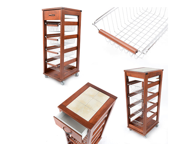 Carrello Porta Frutta e Verdura con cassetto portapane 29,5x37 h 83 in Legno, carrello da cucina con ripiano multiuso 100% Made in Italy. (Ciliegio)