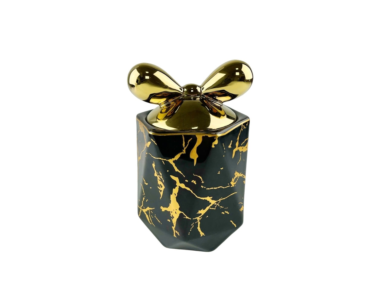 Barattolo decorativo in porcellana nero effetto marmorizzato con tappo fiocco oro da 1100 ml - Casa Milano