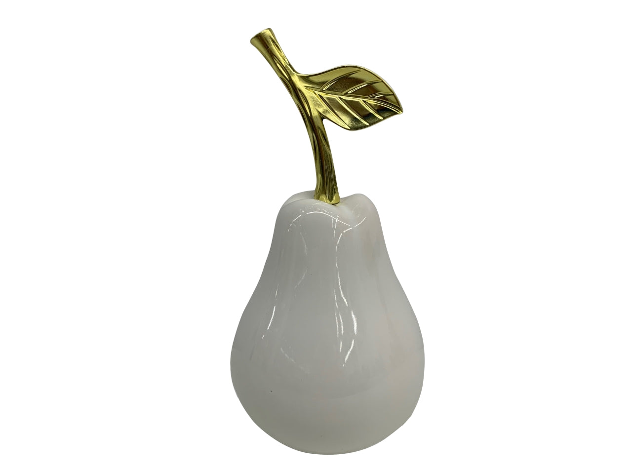 Pera decorativa in ceramica bianca lucida con gambo dorato 11x11x21 cm - Casa Milano