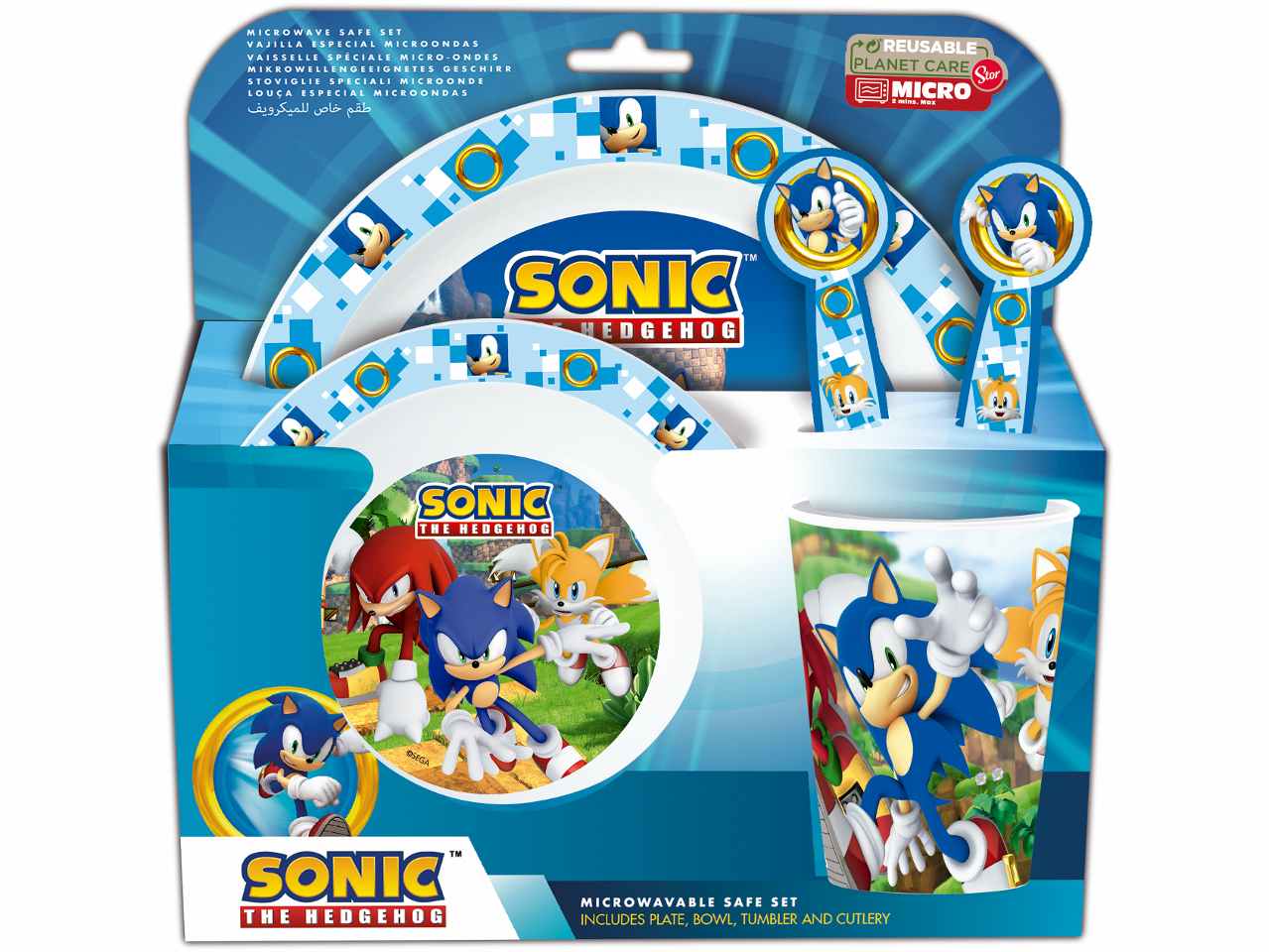 Sonic set da 5 pezzi comprende piatto fondo, piatto piano, bicchiere e posate