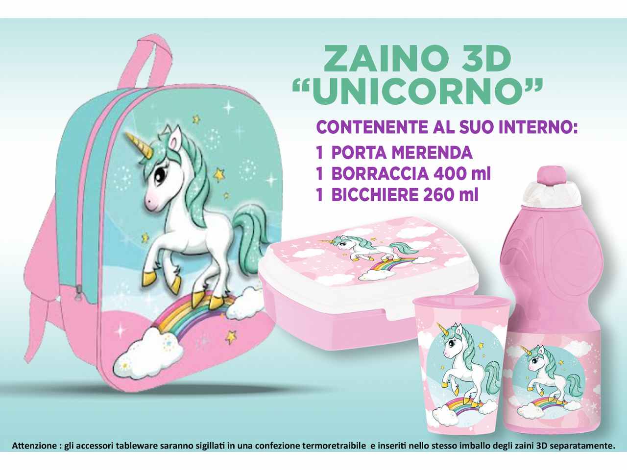 Unicorno zainetto 3d 30cm con accessori