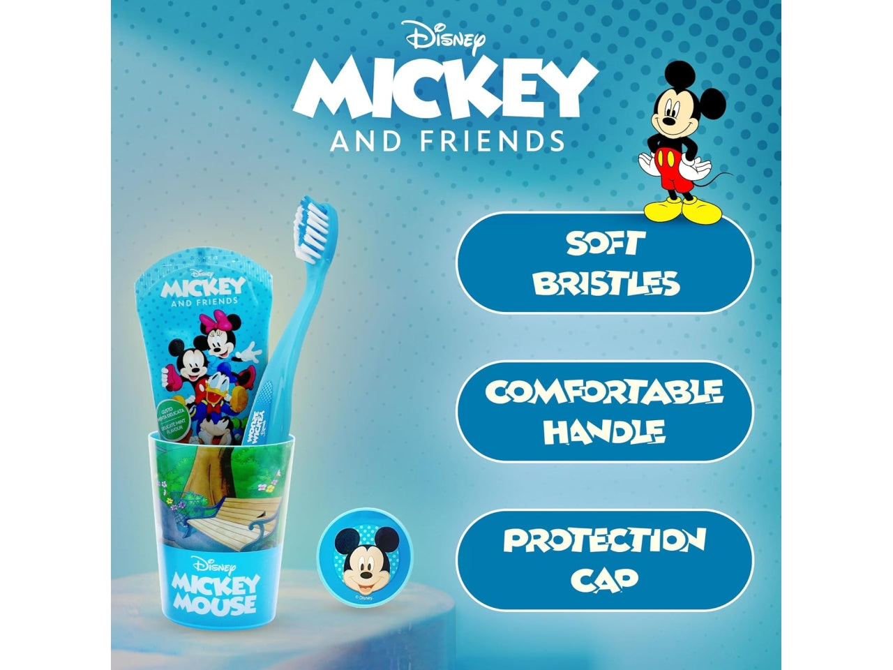 Topolino borsello da bambino con spazzolino dentifricio bicchiere azzurro - Real Trade