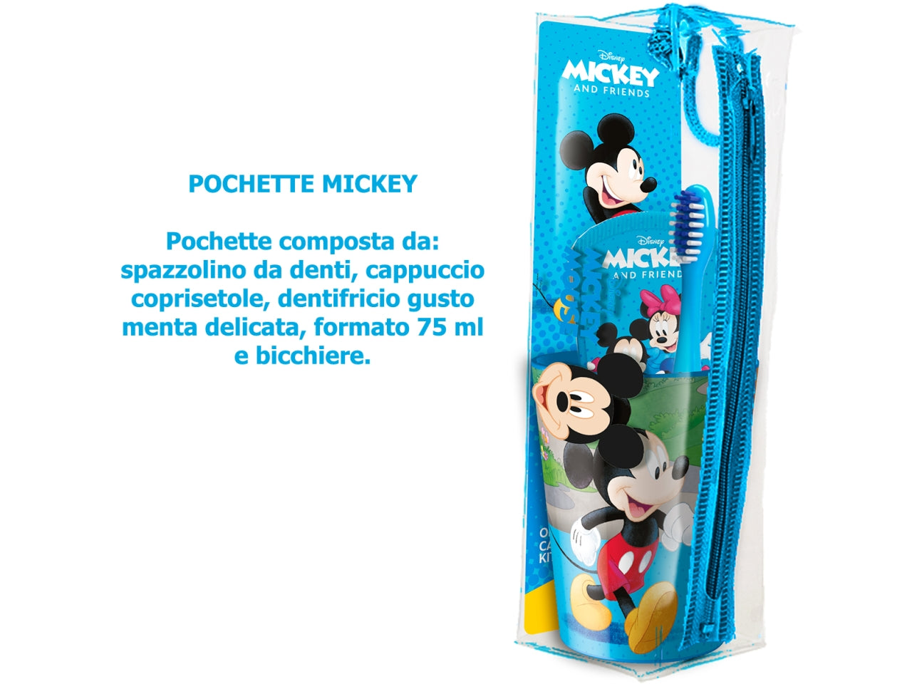 Topolino borsello da bambino con spazzolino dentifricio bicchiere azzurro - Real Trade