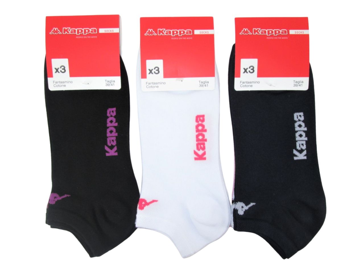 Calze fantasmino da donna Kappa in misto cotone blu, rosa e bianco, 3 paia taglia 39/41