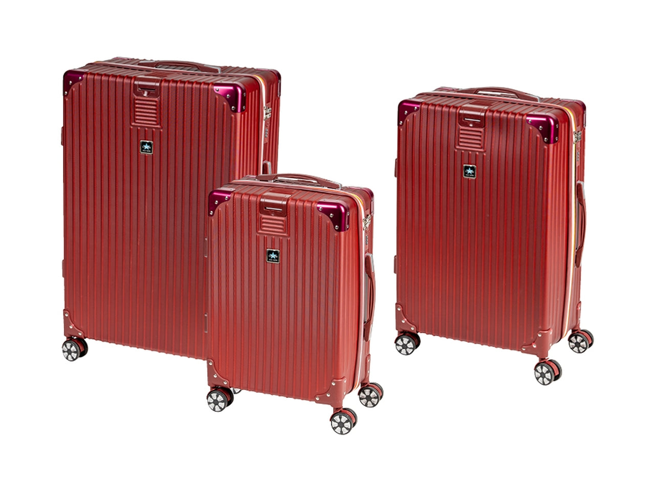 Set 3 trolley h.51/61/71cm bordeaux in abs - 4 doppie ruote - sacca a rete - elastico ferma indumenti - cerniera singola