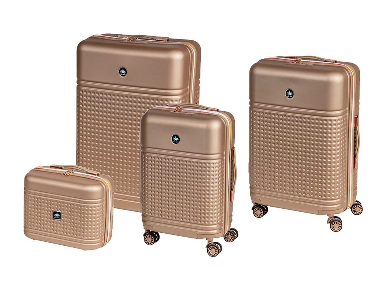 Set 3 trolley h.51/61/71cm + beauty oro in abs - 4 doppie ruote - sacca a rete - elastico ferma indumenti - cerniera singola
