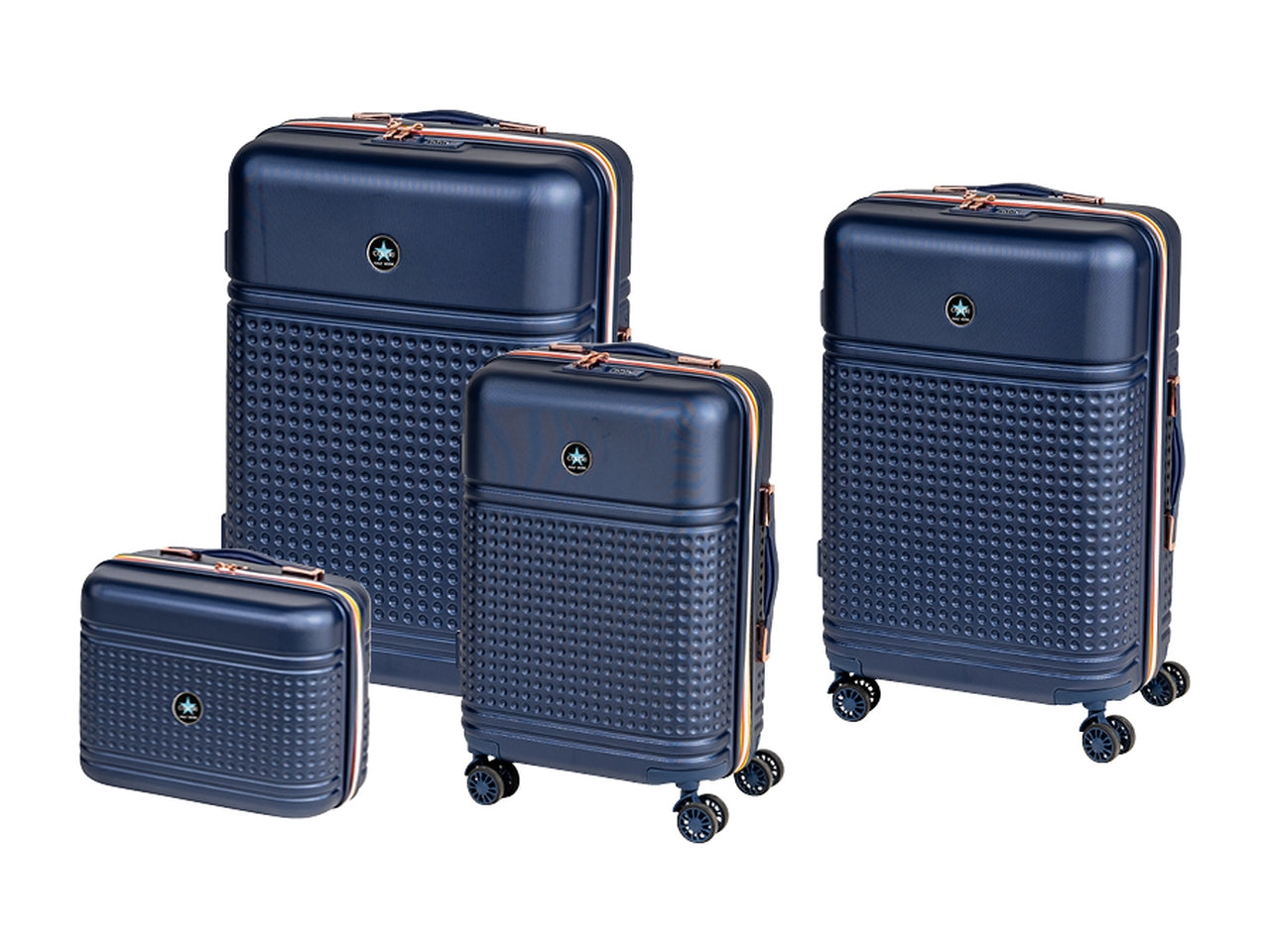 Set 3 trolley h.51/61/71cm + beauty blu scuro in abs - 4 doppie ruote - sacca a rete - elastico ferma indumenti - cerniera singola
