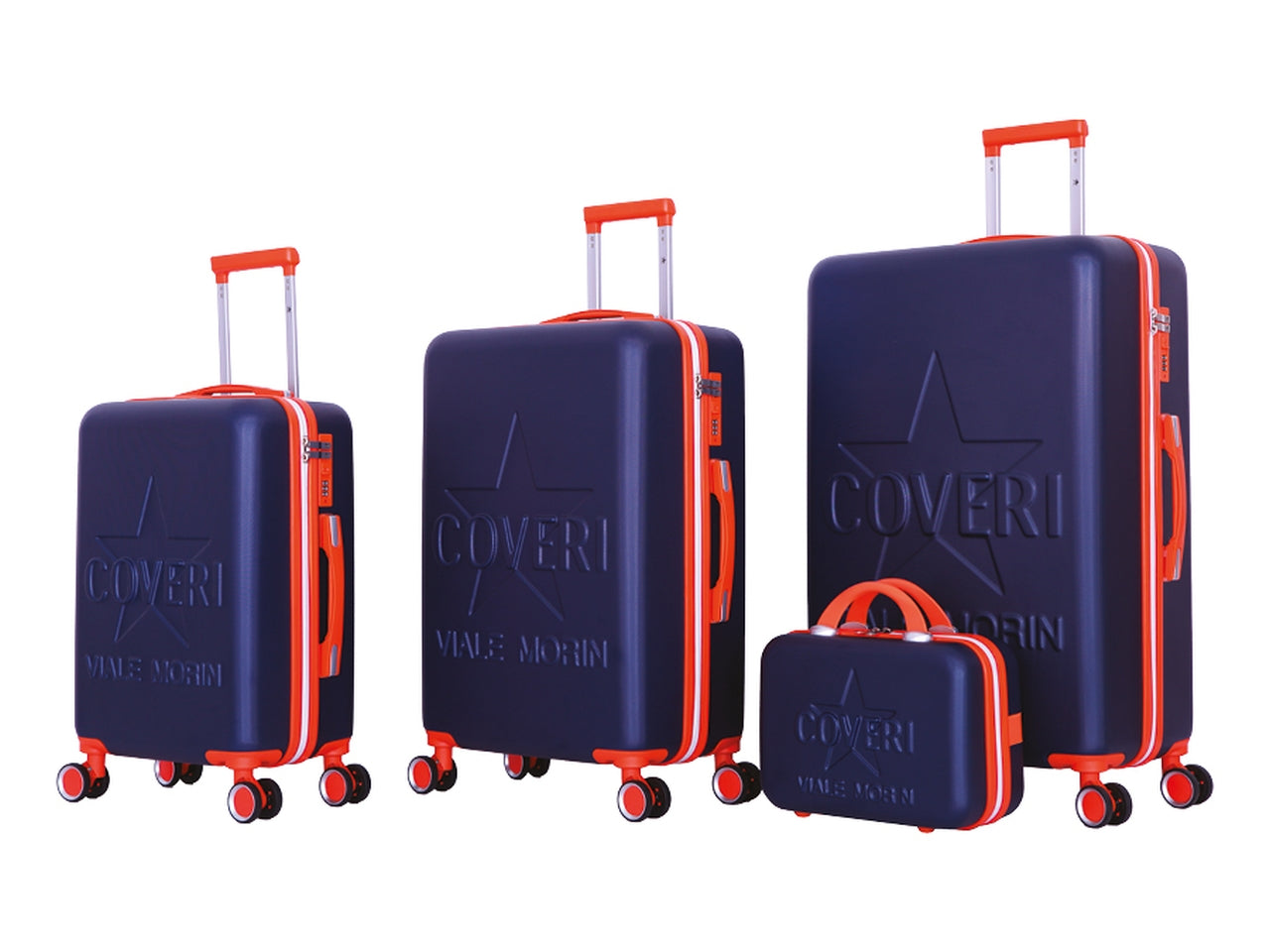 Set 3 trolley h.51/61/71 + beauty coveri blu in abs - 4 doppie ruote - sacca a rete - elastico ferma indumenti - cerniera singola