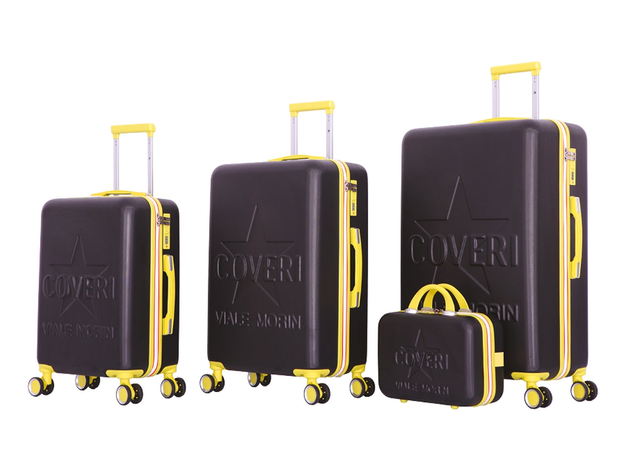Set 3 trolley h.51/61/71 + beauty coveri nero in abs - 4 doppie ruote - sacca a rete - elastico ferma indumenti - cerniera singola