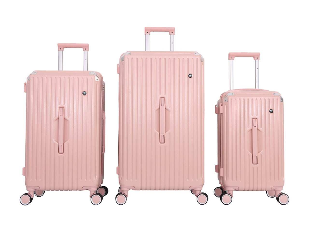 Set 3 trolley h.51/61/71 rosa in abs - 4 doppie ruote - sacca a rete - elastico ferma indumenti - cerniera singola