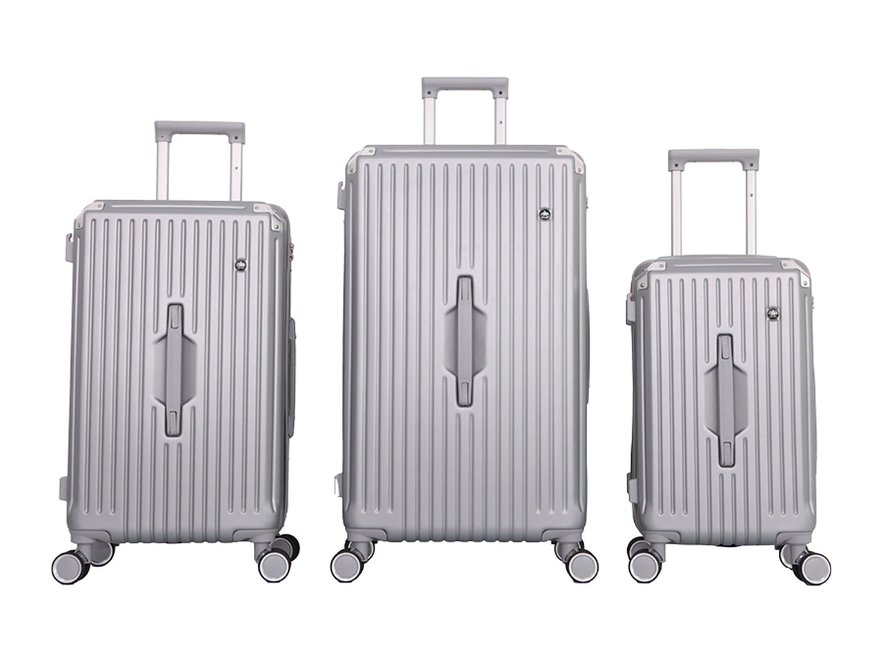 Set 3 trolley h.51/61/71 argento in abs - 4 doppie ruote - sacca a rete - elastico ferma indumenti - cerniera singola