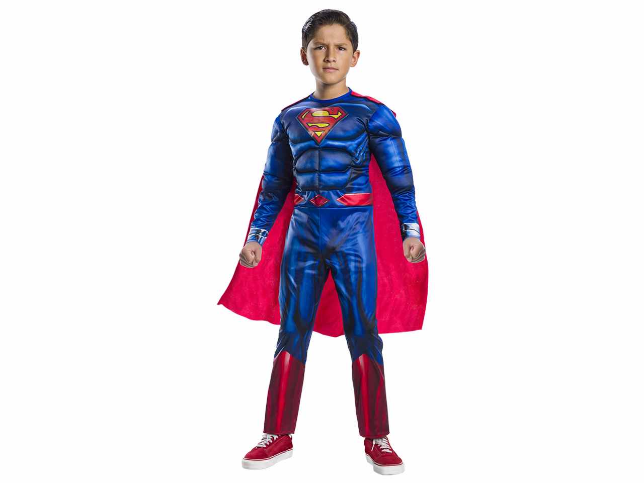 Costume Superman black deluxe, composto da tuta con muscoli imbottiti e mantello taglia S 3-4anni