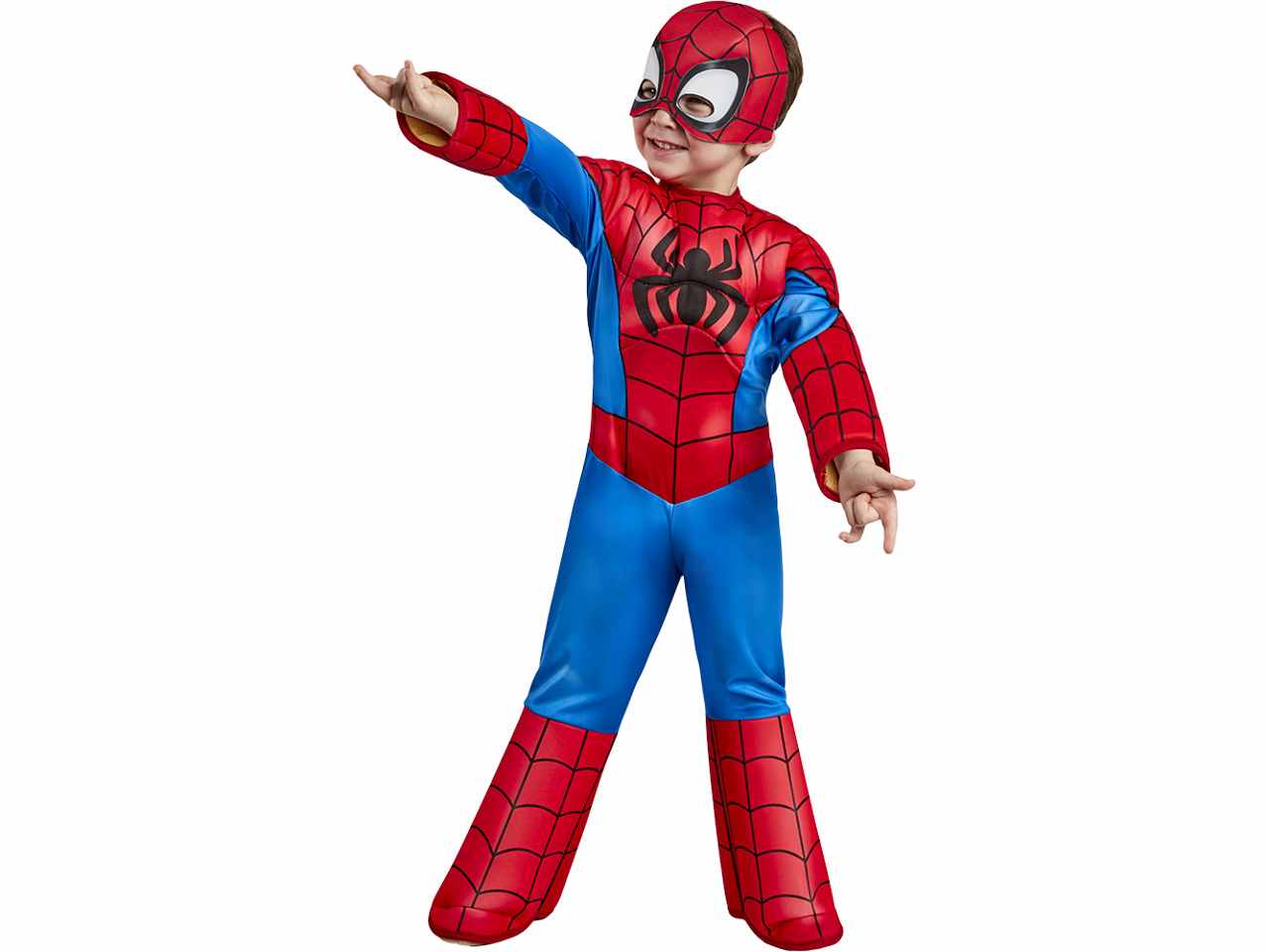 Costume baby Spiderman, composto da tuta imbottita, copristivali e maschera in tessuto taglia S 3-4anni