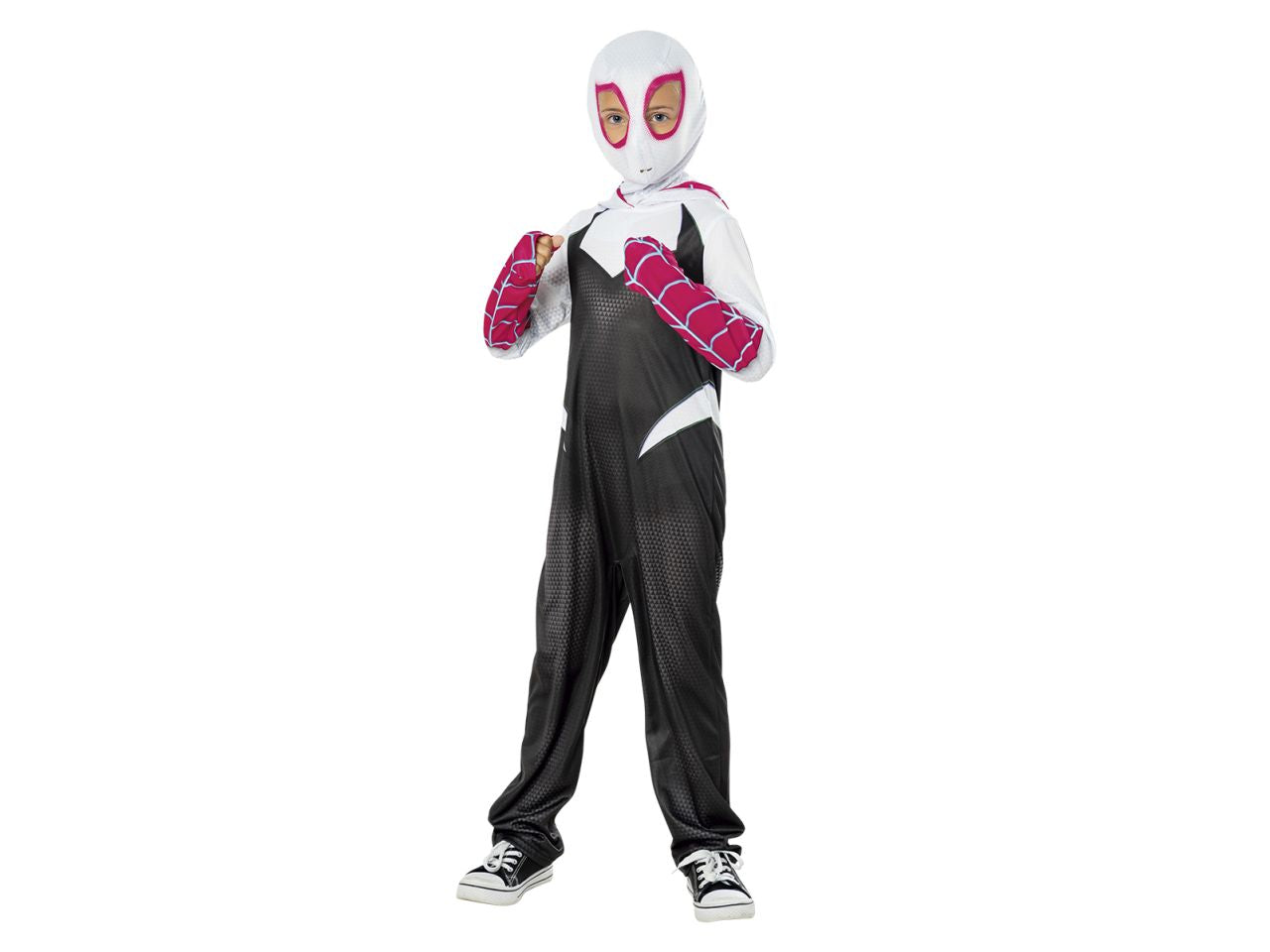 Rubies costume ghost spider gwen taglia m 9-10 anni per bambina -tuta con dettagli stampati e copristivali e mascherina in tessuto