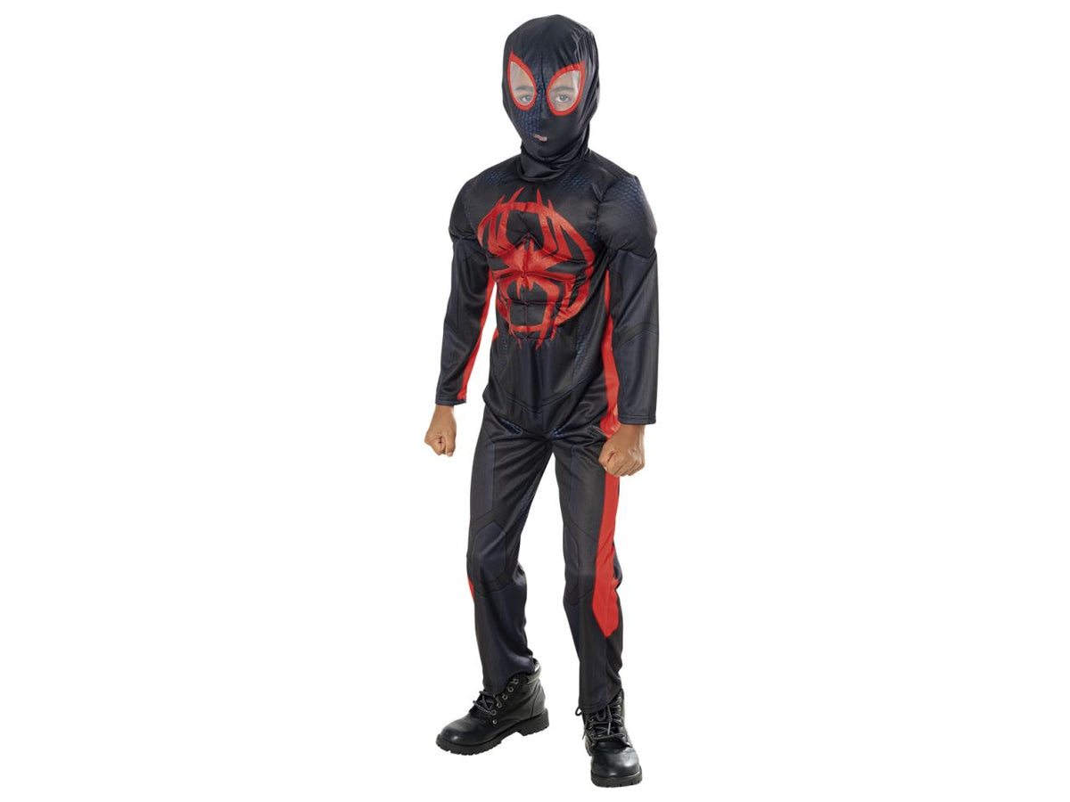 Rubies costume miles morales deluxe taglia s 7-8 anni - tuta muscolosa con dettagli stampati e copristivali e mascherina in tessuto