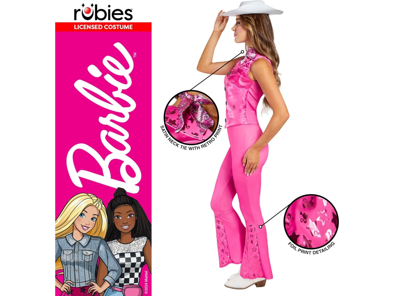 Costume adulto Barbie cowgirl, composto da top, pantaloni, cappello e foular taglia S