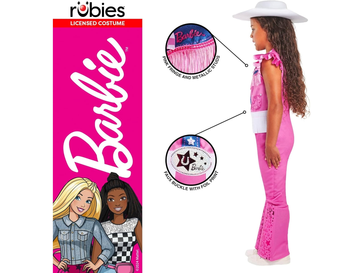 Costume Barbie cowgirl, composto da tuta stampata cappello e cravatta taglia XXS 3-4anni