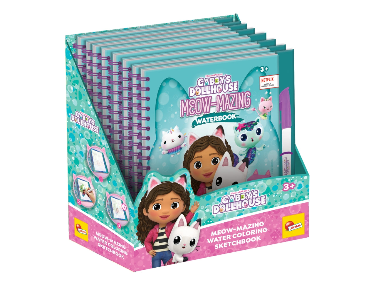 Libro Prescolare con Licenza Gabby's Dollhouse Sketchbook Meow-Mazing Waterbook - Multicolor, per Bambini da 3 Anni, Lisciani