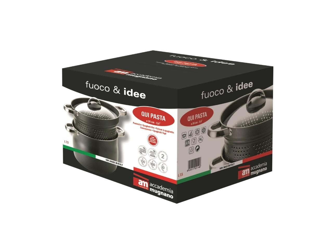 Fuoco&idee pentola qui pasta cm.24 con manici rivettati con coperchio in vetro e cestello