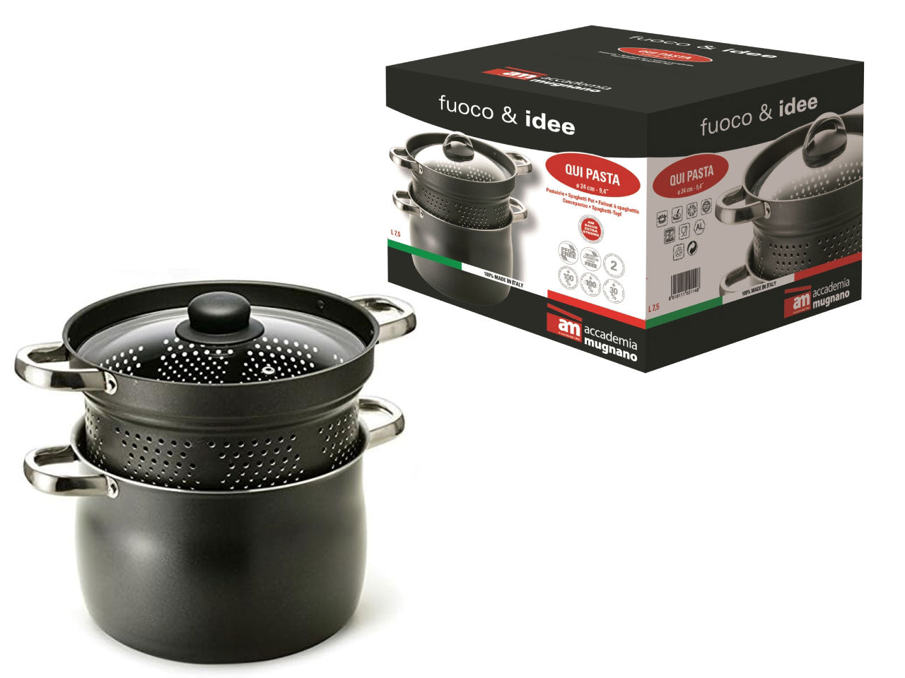Fuoco&idee pentola qui pasta cm.24 con manici rivettati con coperchio in vetro e cestello