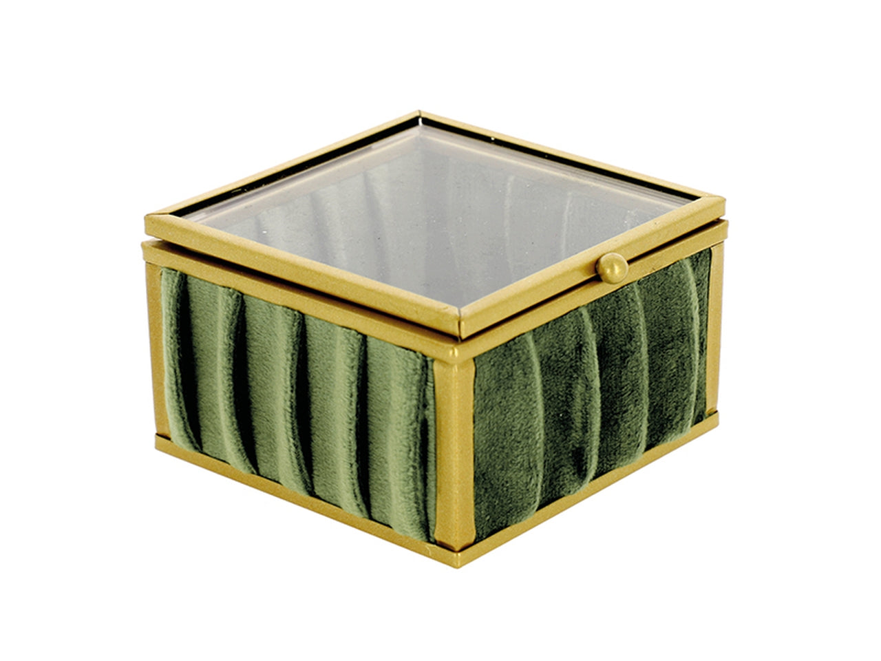 Scatola quadrata con velluto verde e profili metallo oro misura 8,5x8,5xh.5cm