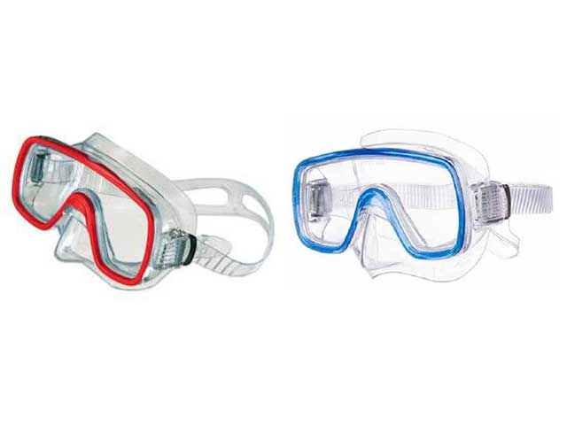 Maschera sub Domino Md, misura medium trasparente/azzurro con astuccio