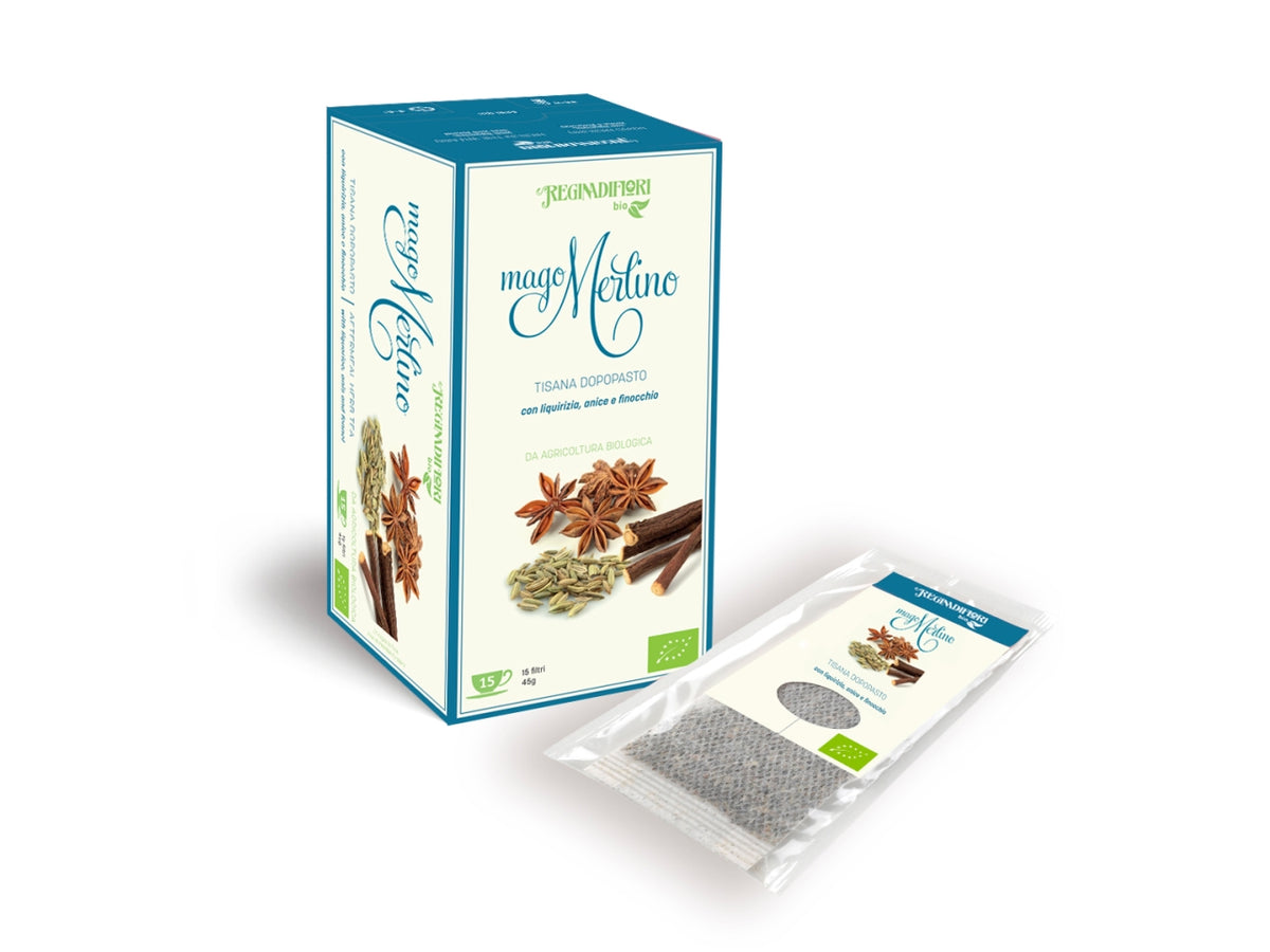 Tisana mago merlino - anice, finocchio e liquirizia - la confezione comprende 15 astucci da 3gr ciascuno