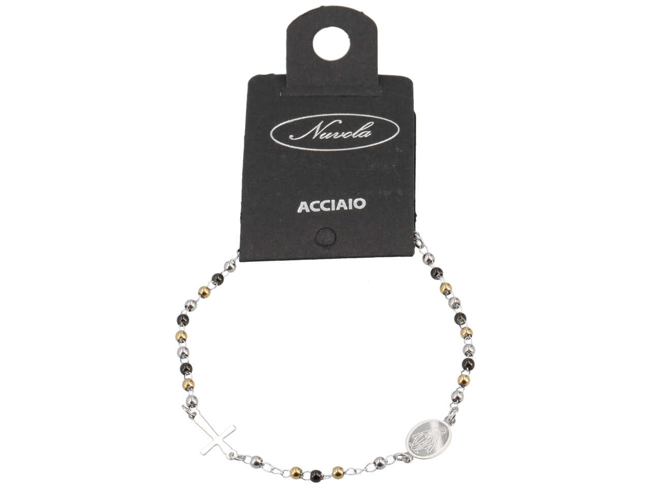 Bracciale rosario con sfere oro, acciaio e nere