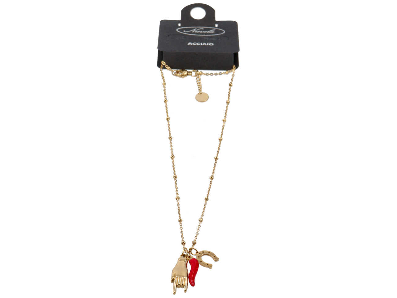 Collana oro in acciaio con corno, mano e ferro