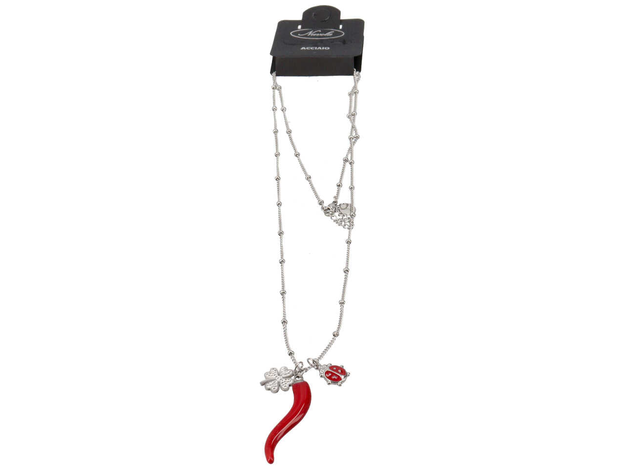 Collana coccinella quadrifogliuo e corno maxi