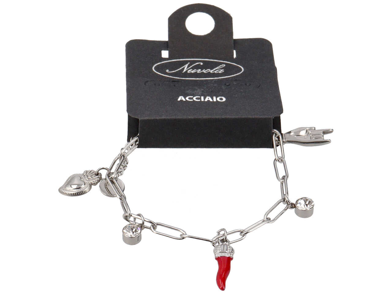 Bracciale con charme con mano, pietra, corno ed ex voto