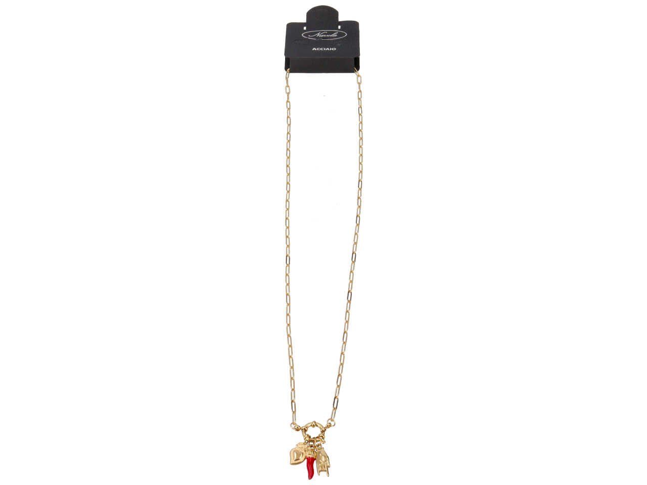 Collana oro con ciondoli a forma di mani, corno e cuore