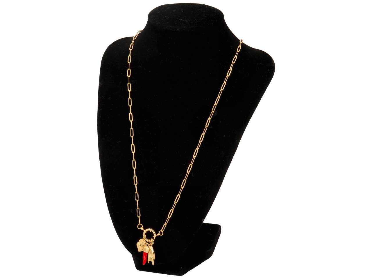 Collana oro con ciondoli a forma di mani, corno e cuore