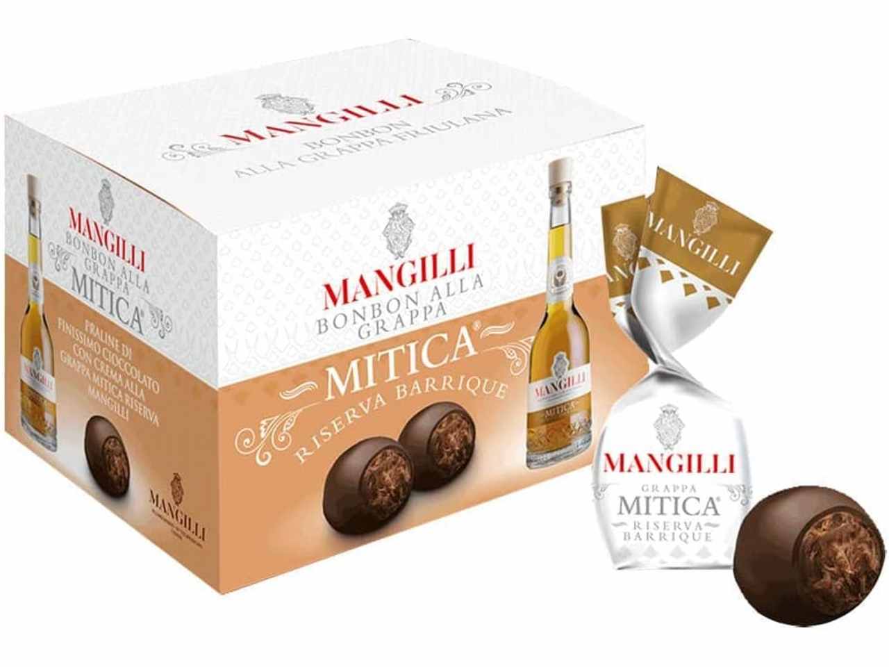 praline di cioccolato fondente con crema alla grappa mangilli riserva barrique. bauletto da 250gr